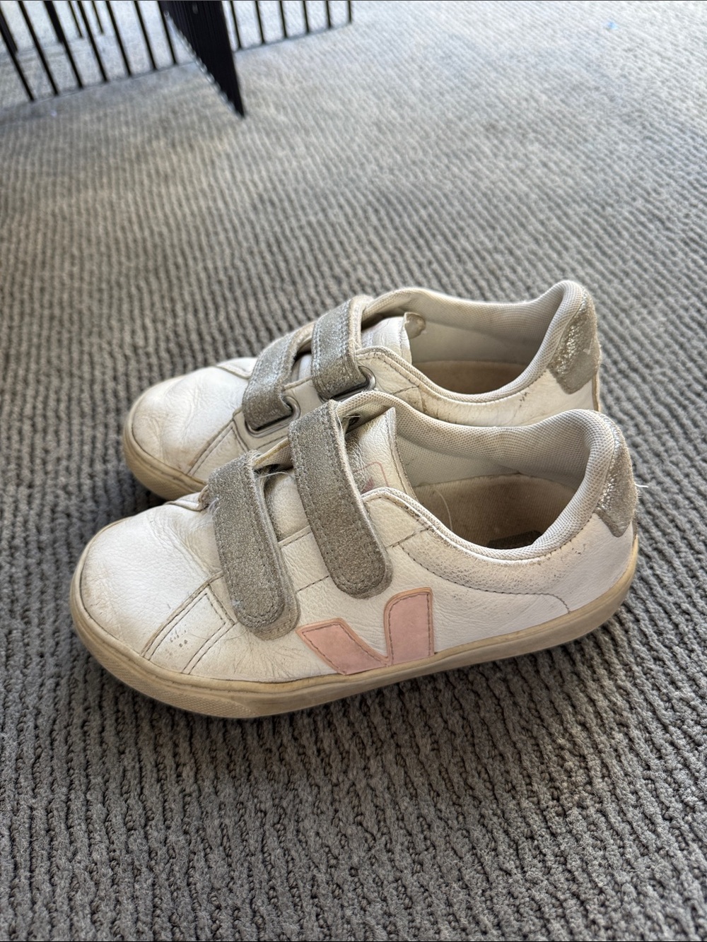 Kids White Sneakers with Pink Accent and Gray Straps